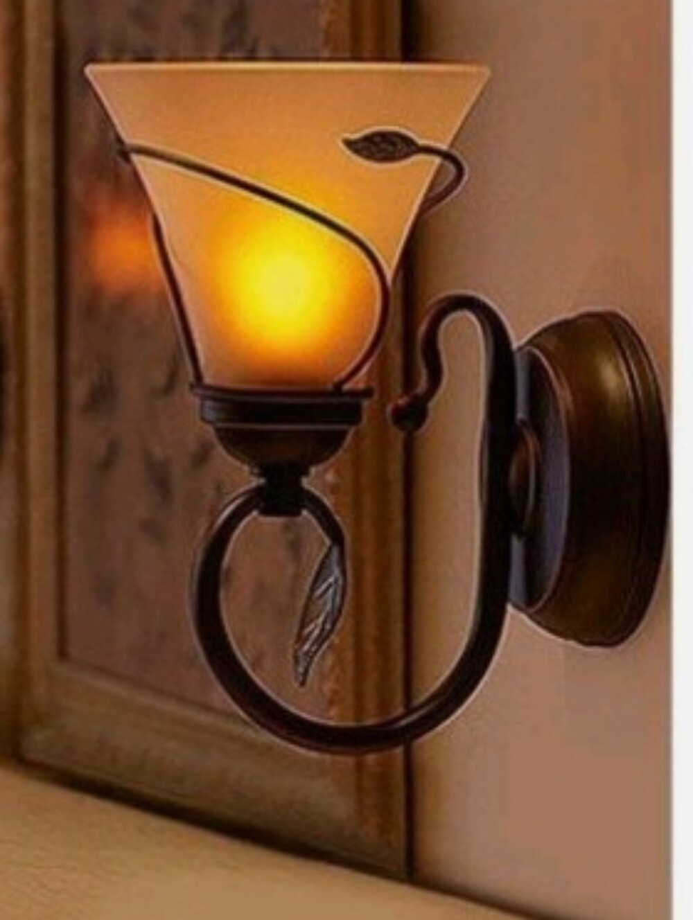Battery Operated Glass Wall Sconce with Bronze Leaf Accent Candle Impressions